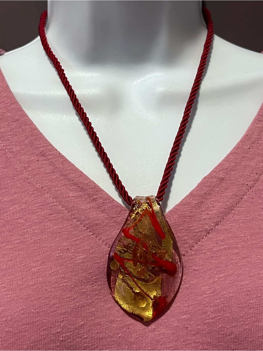 Handcrafted Red and Gold Glass Pendant Necklace on Red Cord